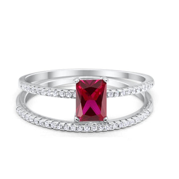 Art Deco Two Piece Wedding Radiant Simulated Ruby CZ Ring 925 Sterling Silver